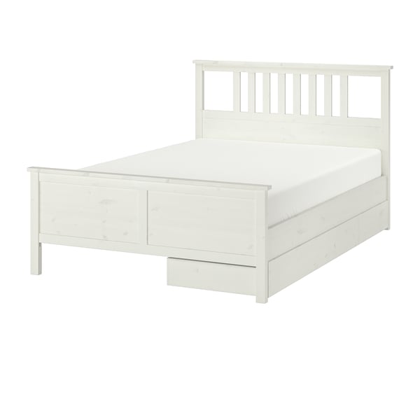 HEMNES Base de cama+2 cajas almacenamiento, teñido en blanco, Tamaño queen
