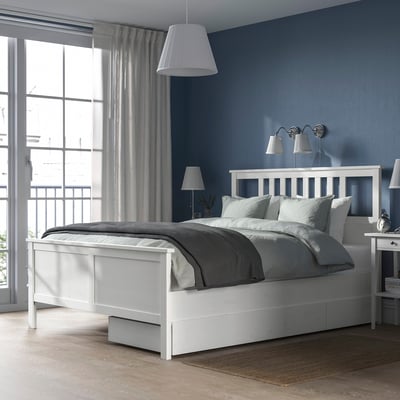 HEMNES Base de cama+2 cajas almacenamiento, teñido en blanco, Tamaño queen