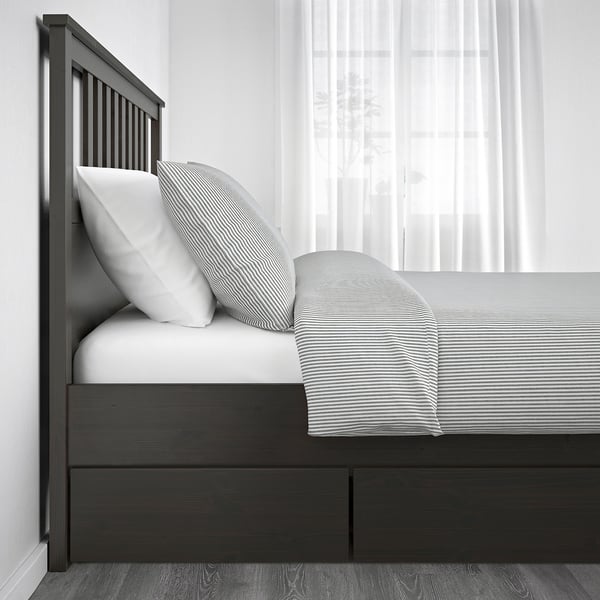 HEMNES Base de cama+4 cajas almacenamiento, gris oscuro teñido/Lönset, Tamaño queen