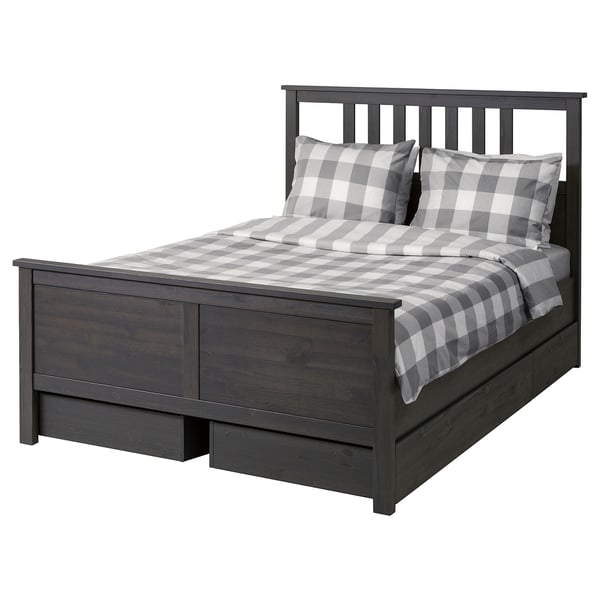 HEMNES Base de cama+4 cajas almacenamiento, gris oscuro teñido/Luröy, Tamaño full