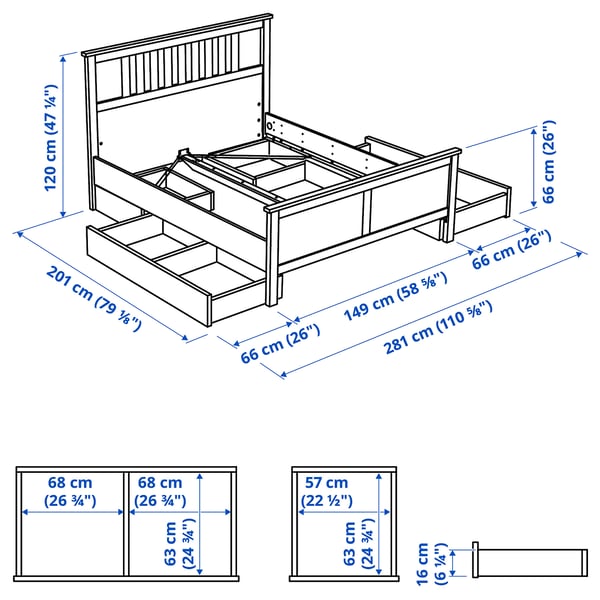 HEMNES Base de cama+4 cajas almacenamiento, gris oscuro teñido/Lyngör blanco, Tamaño full