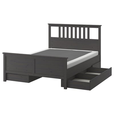 HEMNES Base de cama+4 cajas almacenamiento, gris oscuro teñido/Lyngör blanco, Tamaño queen