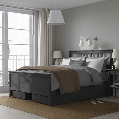 HEMNES Base de cama+4 cajas almacenamiento, gris oscuro teñido/Lyngör gris oscuro, Tamaño full