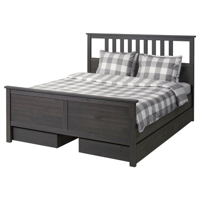 HEMNES Base de cama+4 cajas almacenamiento, gris oscuro teñido, Tamaño queen