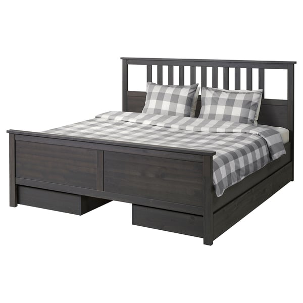 HEMNES Base de cama+4 cajas almacenamiento, gris oscuro teñido, Tamaño King