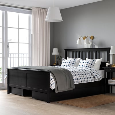 HEMNES Base de cama+4 cajas almacenamiento, negro-marrón/Lönset, Tamaño King
