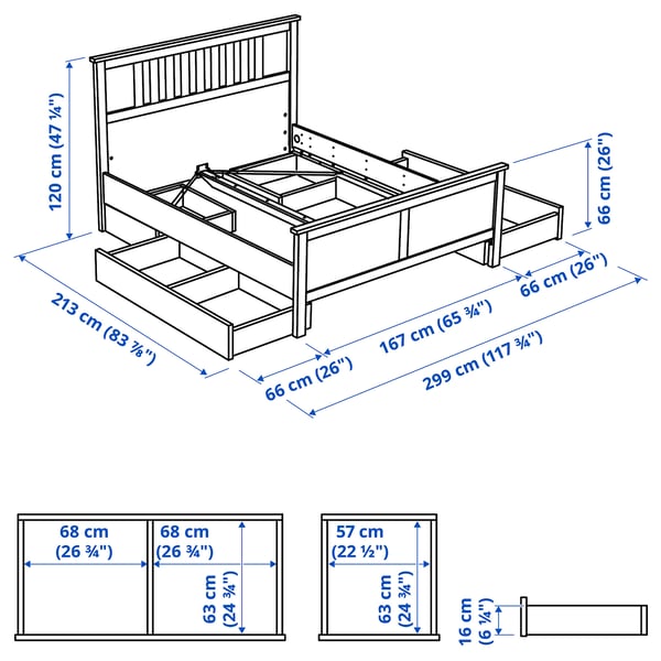 HEMNES Base de cama+4 cajas almacenamiento, negro-marrón/Luröy, Tamaño queen