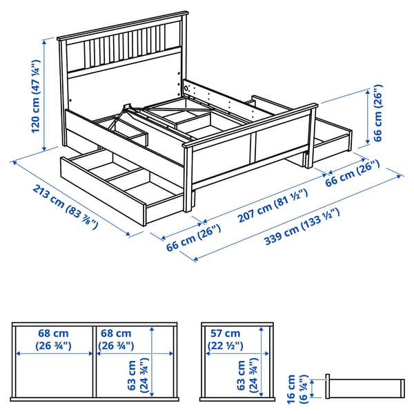 HEMNES Base de cama+4 cajas almacenamiento, negro-marrón/Lyngör blanco, Tamaño King