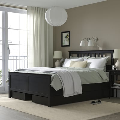 HEMNES Base de cama+4 cajas almacenamiento, negro-marrón/Lyngör blanco, Tamaño full