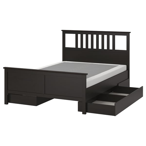 HEMNES Base de cama+4 cajas almacenamiento, negro-marrón/Lyngör blanco, Tamaño full