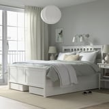 HEMNES Base de cama+4 cajas almacenamiento, teñido en blanco/Lyngör blanco, Tamaño queen