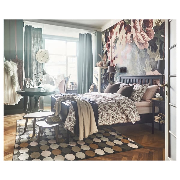 HEMNES Base de cama, negro-marrón/Lönset, Tamaño queen