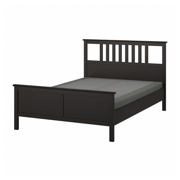 HEMNES Base de cama, negro-marrón/Lyngör gris oscuro, Tamaño queen