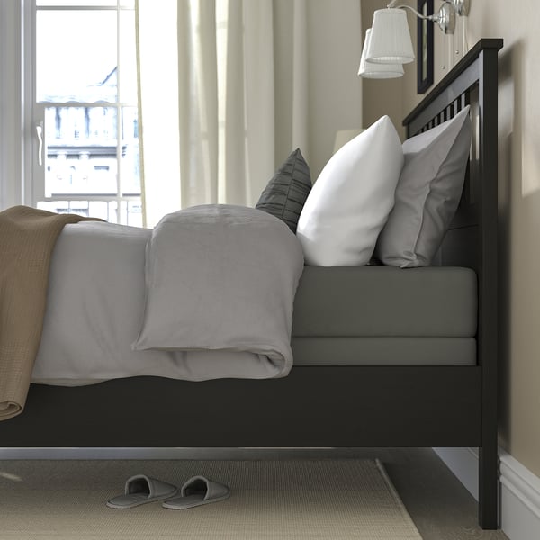 HEMNES Base de cama, negro-marrón/Lyngör gris oscuro, Tamaño queen