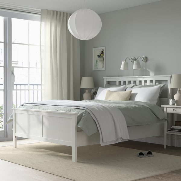 HEMNES Base de cama, teñido en blanco/Lyngör blanco, Tamaño queen