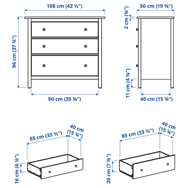 HEMNES Cómoda de 3 cajones, teñido en blanco, 42 1/2x37 3/4 "