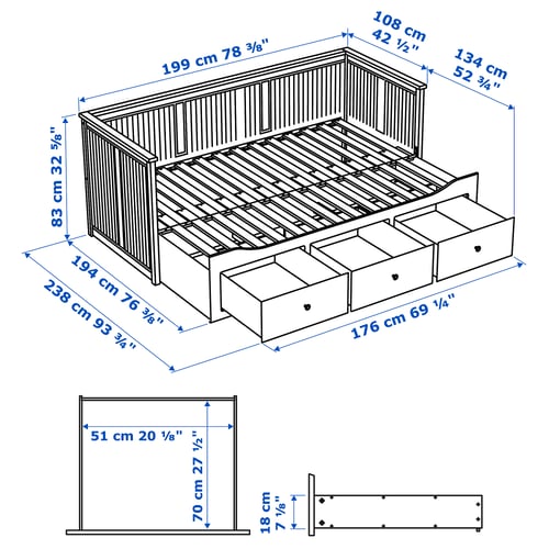 HEMNES Estructura de diván+3 cajones, blanco, Tamaño twin