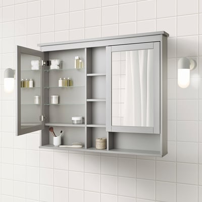 HEMNES Gabinete de espejo+2 puertas, gris, 47 1/4x38 5/8 "