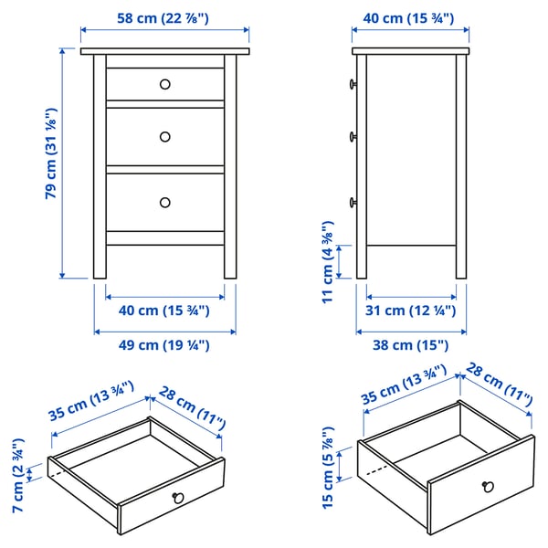 HEMNES Gavetero de 3 cajones, gris oscuro teñido, 22 7/8x31 1/8 "