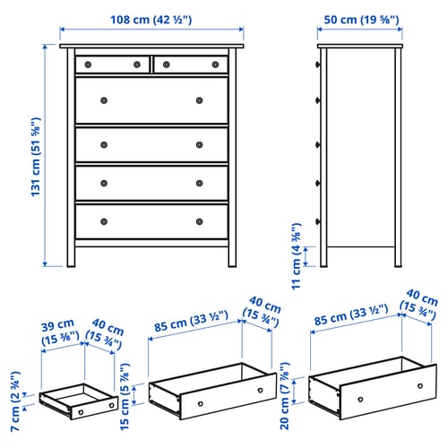 HEMNES Gavetero de 6 cajones, negro-marrón, 42 1/2x51 5/8 "