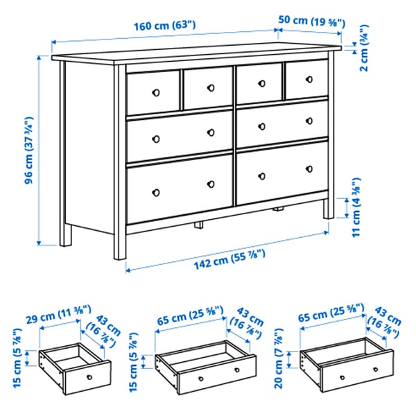HEMNES Gavetero de 8 cajones, negro-marrón, 63x37 3/4 "