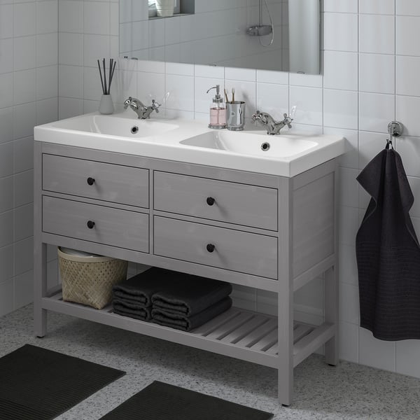 HEMNES / ORRSJÖN Tocador baño abierto+cj/lvmn/grifos, gris, 49x21 3/4x34 7/8 "