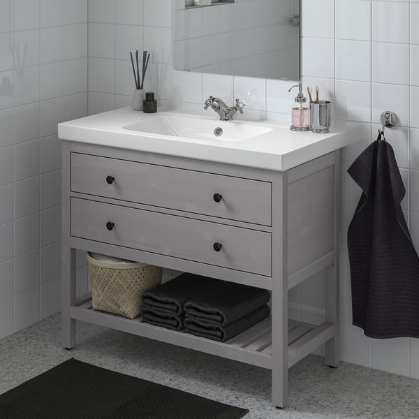 HEMNES / ORRSJÖN Tocador de baño abierto/lvmns/grifo, gris, 37x21 3/4x34 7/8 "