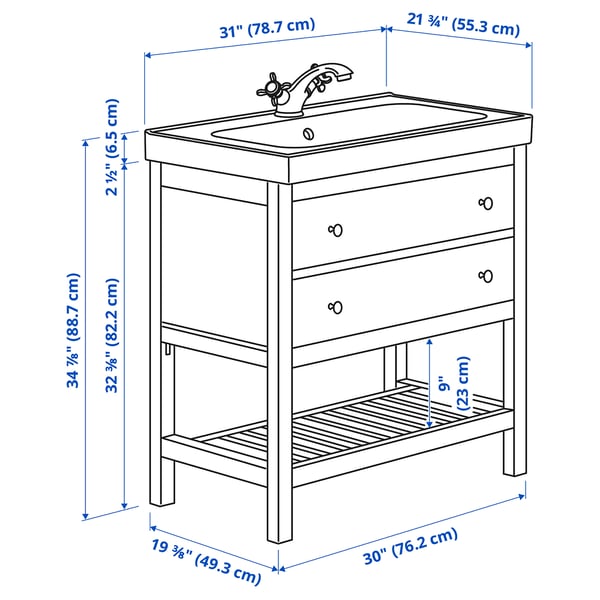 HEMNES / ORRSJÖN Tocador de baño abierto/lvmns/grifo, gris, 31x21 3/4x34 7/8 "