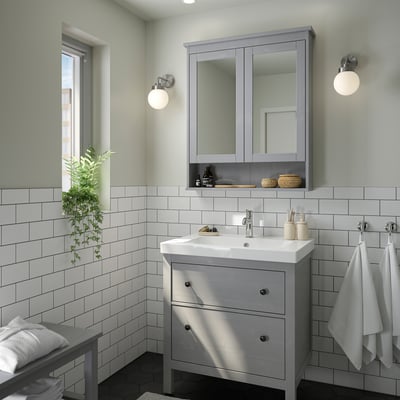 HEMNES / ORRSJÖN Tocador de baño+lavamanos+grifo, gris, 31x21 3/4x34 7/8 "