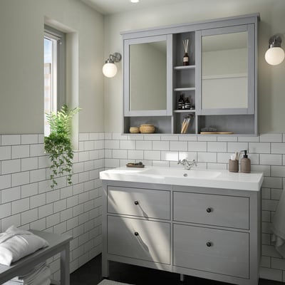 HEMNES / ORRSJÖN Tocador de baño+lavamanos+grifo, gris, 49x21 3/4x34 7/8 "
