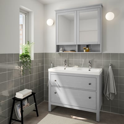 HEMNES / ORRSJÖN Tocador de baño+lavamanos+grifos, gris, 37x21 3/4x34 7/8 "