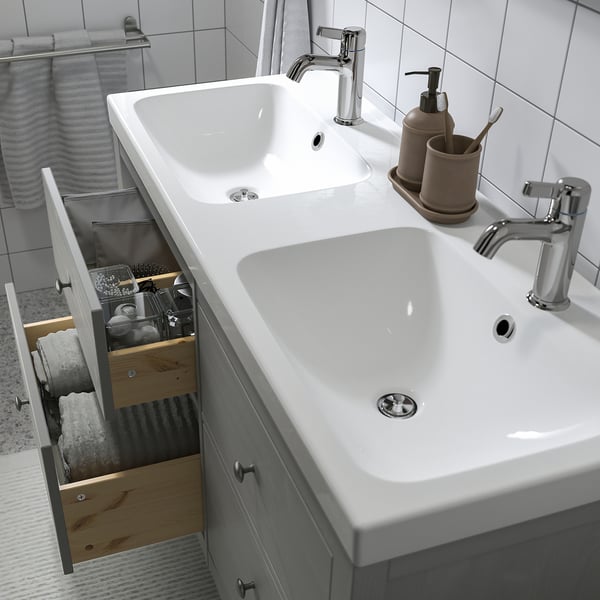 HEMNES / ORRSJÖN Tocador de baño+lavamanos+grifos, gris, 49x21 3/4x34 7/8 "