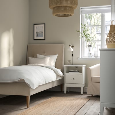 IDANÄS Armazón de cama tapizado, Naggen beige, Tamaño twin