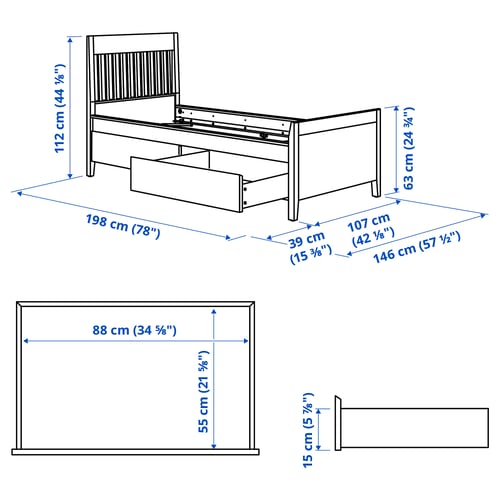 IDANÄS Base de cama+almacenamiento, blanco/Luröy, Tamaño twin
