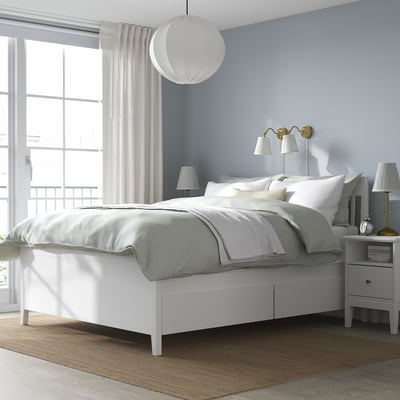 IDANÄS Base de cama+almacenamiento, blanco/Lyngör blanco, Tamaño full