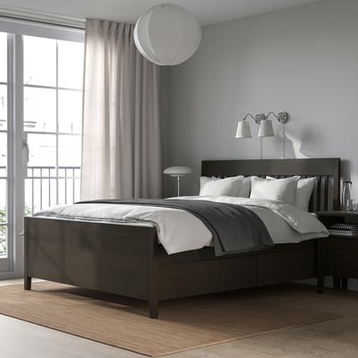 IDANÄS Base de cama+almacenamiento, marrón oscuro/Lönset, Tamaño queen