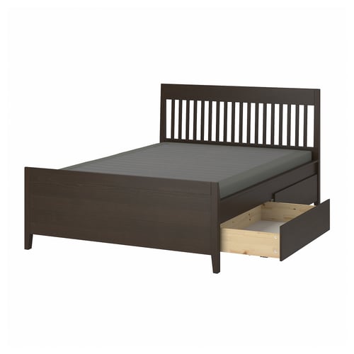 IDANÄS Base de cama+almacenamiento, marrón oscuro/Lyngör gris oscuro, Tamaño queen