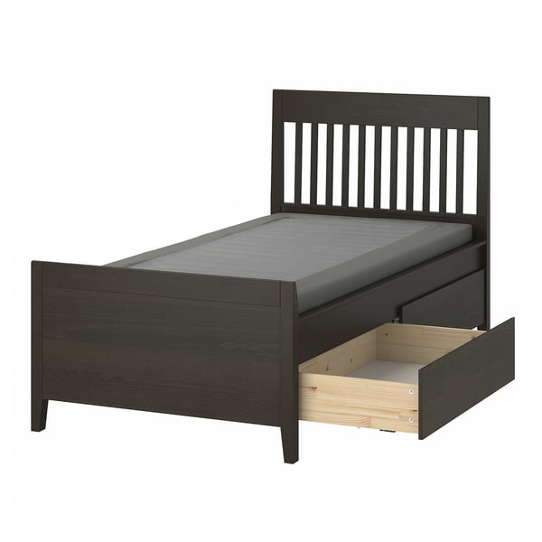 IDANÄS Base de cama+almacenamiento, marrón oscuro/Lyngör gris oscuro, Tamaño twin