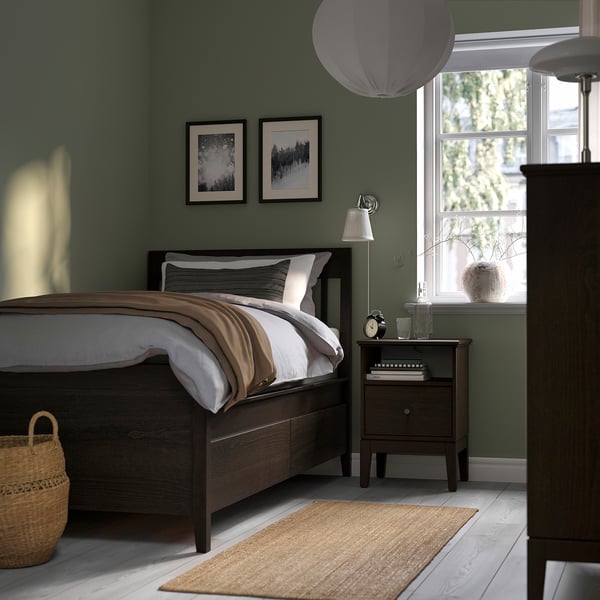 IDANÄS Base de cama+almacenamiento, marrón oscuro/Lyngör gris oscuro, Tamaño twin