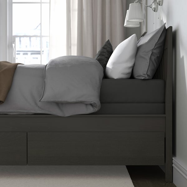 IDANÄS Base de cama+almacenamiento, marrón oscuro/Lyngör gris oscuro, Tamaño King