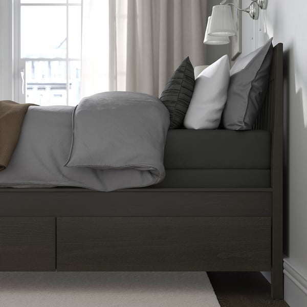 IDANÄS Base de cama+almacenamiento, marrón oscuro/Lyngör gris oscuro, Tamaño twin