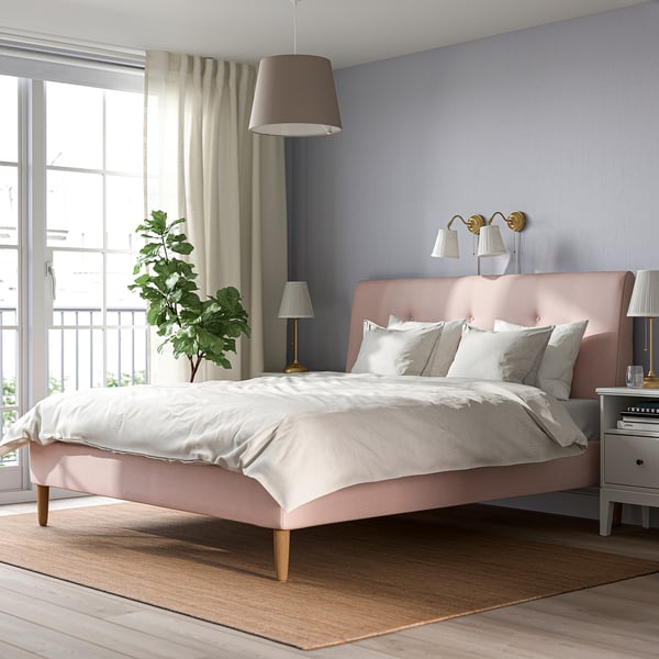 IDANÄS Base de cama tapizada, Gunnared rosado claro, Tamaño King