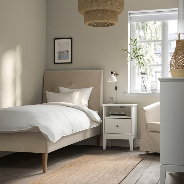 IDANÄS Base de cama tapizada, Naggen beige, Tamaño twin