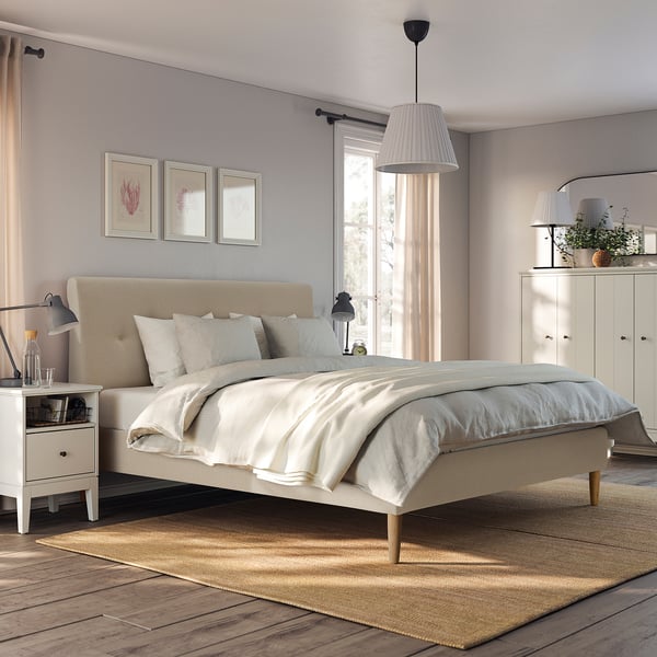 IDANÄS Base de cama tapizada, Naggen beige, Tamaño King