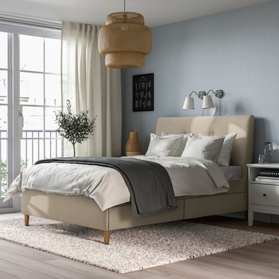 IDANÄS Cama tapizada+almacenaje, Naggen beige, Tamaño full