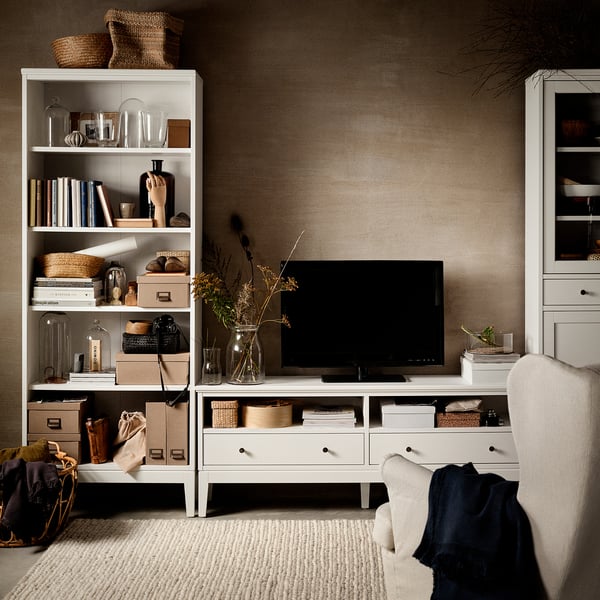 IDANÄS Combinación de almacenaje para TV, vidrio/blanco, 128x15 3/4x83 1/8 "