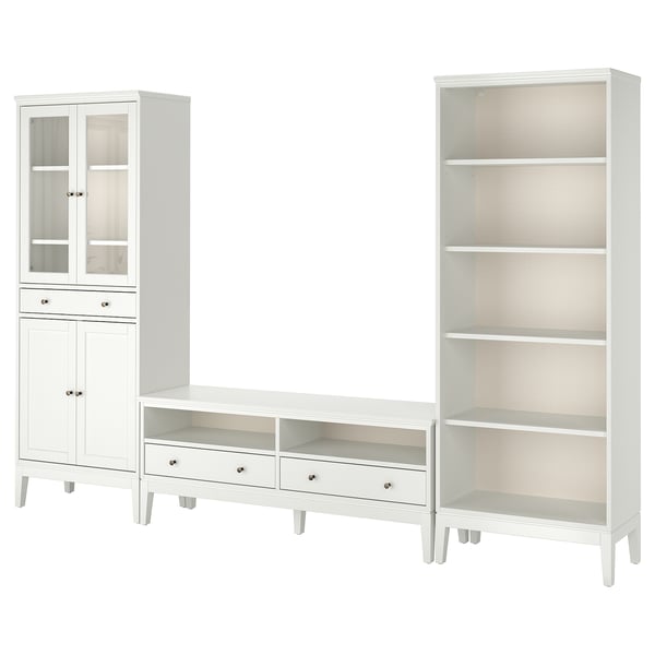 IDANÄS Combinación de almacenaje para TV, vidrio/blanco, 128x15 3/4x83 1/8 "