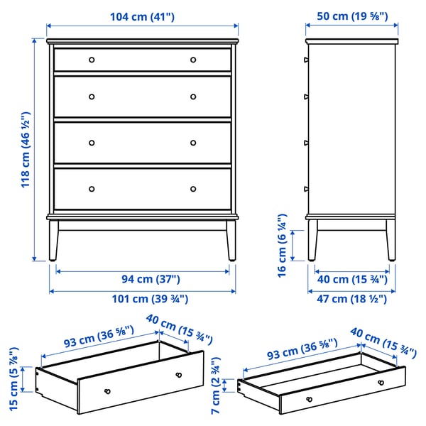 IDANÄS Cómoda de 4 cajones, blanco, 41x19 5/8x46 1/2 "