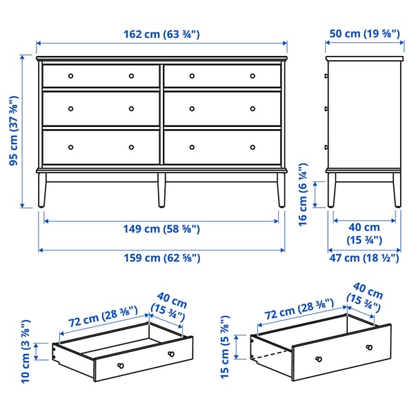 IDANÄS Gavetero de 6 cajones, blanco, 63 3/4x19 5/8x37 3/8 "
