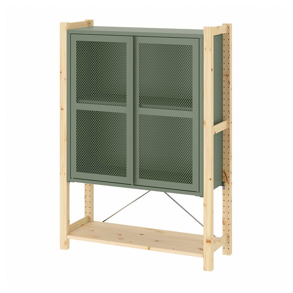 IVAR Gabinete+puertas, pino/gris-verde malla, 35x11 3/4x48 7/8 "